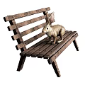 Wooden Outdoor Bench With Rabbit Figurine Rustic Design For Garden Patio