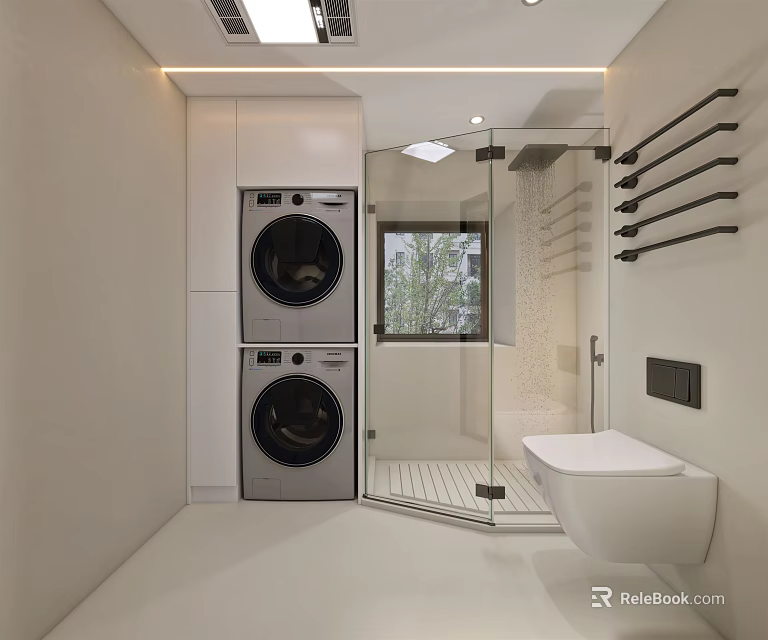 Modern Bathroom Interior With Stacked Washing Machine Dryer Shower And Wall Hung Toilet 3d model 
