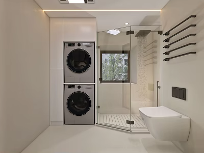 Modern Bathroom Interior With Stacked Washing Machine Dryer Shower And Wall Hung Toilet 3d model