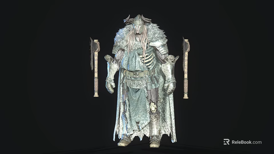 Fantasy Game Movie Character Armored Warrior with Horned Helmet Long Hair Fur and Dual Axes 3d model 