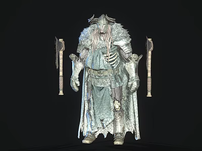 Fantasy Game Movie Character Armored Warrior with Horned Helmet Long Hair Fur and Dual Axes 3d model