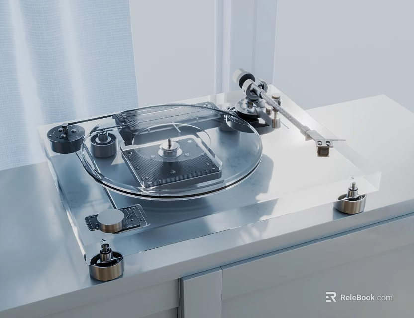 Modern Transparent Turntable Audio System On White Cabinet With Metal Components And Window Curtains 3d model 