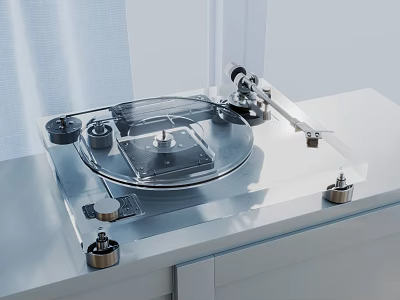 Modern Transparent Turntable Audio System On White Cabinet With Metal Components And Window Curtains 3d model