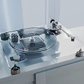 Modern Transparent Turntable Audio System On White Cabinet With Metal Components And Window Curtains