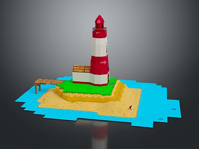 Lighthouse Themed Decorative Furniture With Wooden Dock And Sandy Base 3d model
