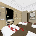 SPA Sauna Interior Design With Wooden Floor Comfortable Beds And Decorative Painting