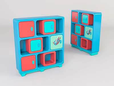 Blue Entryway And Side Cabinets With Red Turquoise Square Doors And Cartoon Bird Design 3d model
