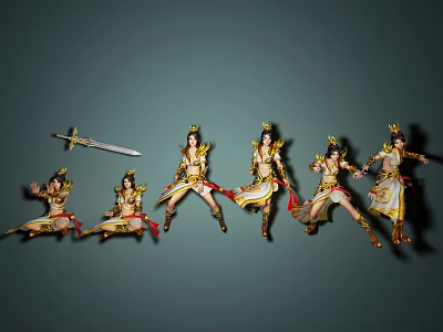 Game and Movie Female Characters Showing Gold White Costumes Red Decorations Various Poses Sword Jumping 3d model