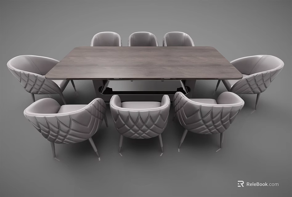 Modern Dining Table Set With Wooden Tabletop And Upholstered Diamond Pattern Chairs 3d model 