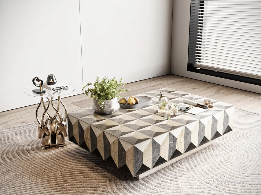 Modern Geometric Coffee Table With Patterned Surface And Potted Plant Decorative Items On Rug 3d model
