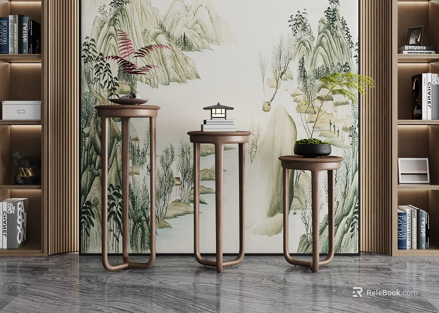 Three Minimalist Chinese Style Side Tables With Mountain Water Mural And Plants 3d model 