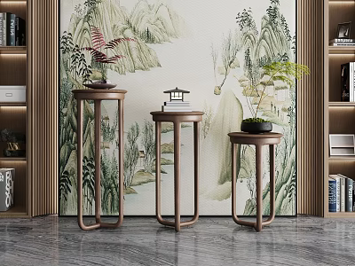 Three Minimalist Chinese Style Side Tables With Mountain Water Mural And Plants 3d model
