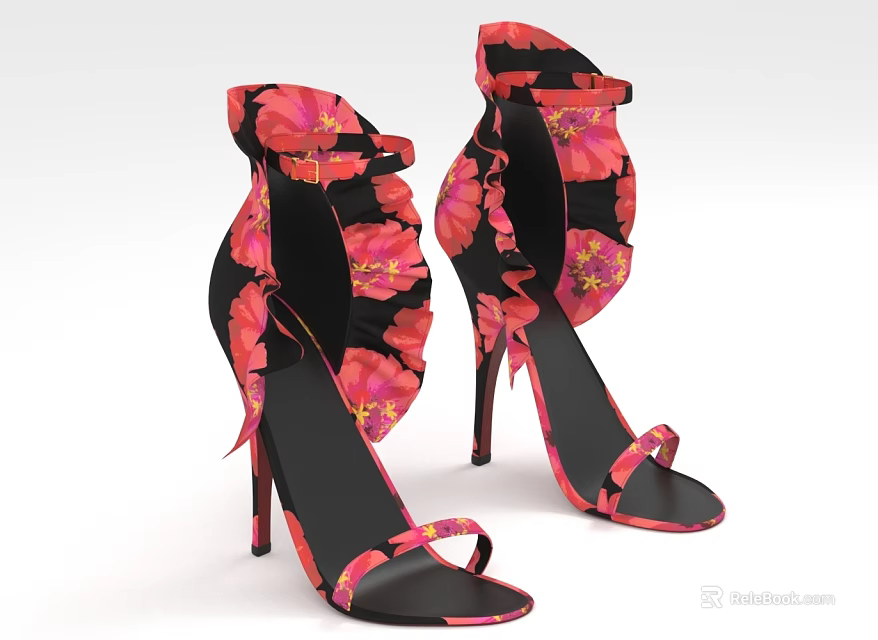 Elegant Floral Print High Heel Shoes With Black Red Design And Ankle Strap Detail 3d model 