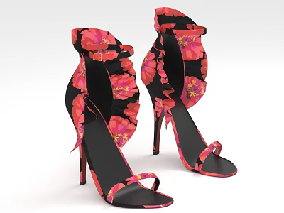 Elegant Floral Print High Heel Shoes With Black Red Design And Ankle Strap Detail 3d model