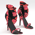 Elegant Floral Print High Heel Shoes With Black Red Design And Ankle Strap Detail