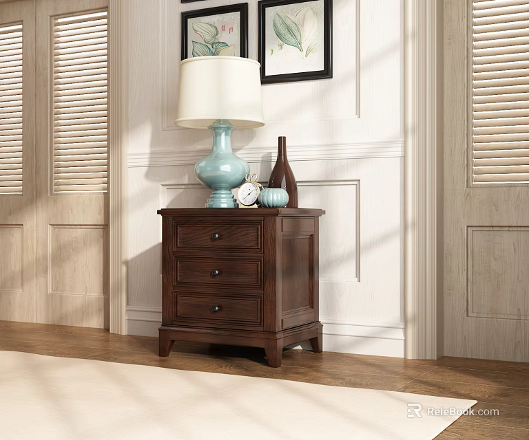 Dark Wooden Nightstand With Light Blue Lamp Small Clock And Decorative Bottle On White Wall 3d model 