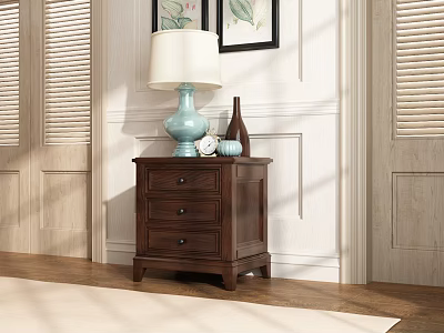 Dark Wooden Nightstand With Light Blue Lamp Small Clock And Decorative Bottle On White Wall 3d model