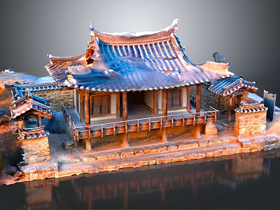 Cartoon Scene of Traditional Chinese Pavilion with Tiled Roof Wooden Balcony Stone Base and Water Reflection 3d model