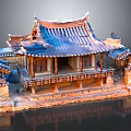 Cartoon Scene of Traditional Chinese Pavilion with Tiled Roof Wooden Balcony Stone Base and Water Reflection