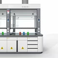 Modern Laboratory Fume Hood Setup With Chemical Bottles Faucet Drawers Cabinets and Warning Signs