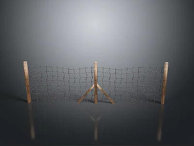 Wooden Fence With Net And Triangle Support Structure On Gray Background With Reflection 3d model