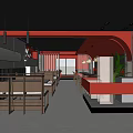 Modern Red Restaurant Interior Design With Booth Seats Counter Plants And Lighting
