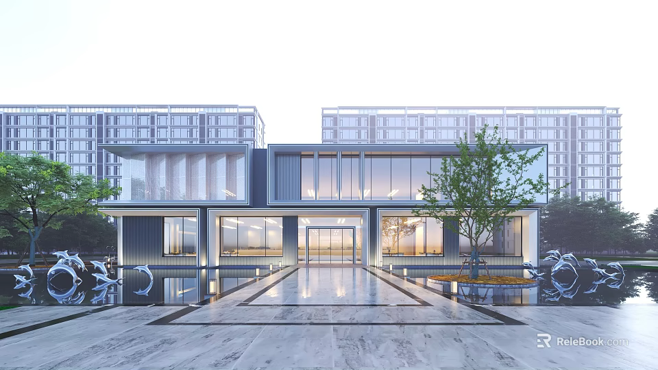 Modern Residential Building With Glass Facade Courtyard Water Feature Entrance And Tree 3d model 