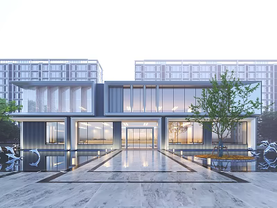 Modern Residential Building With Glass Facade Courtyard Water Feature Entrance And Tree 3d model