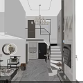 Elegant New Chinese Style Living And Dining Room With Loft Staircase And Exquisite Decor