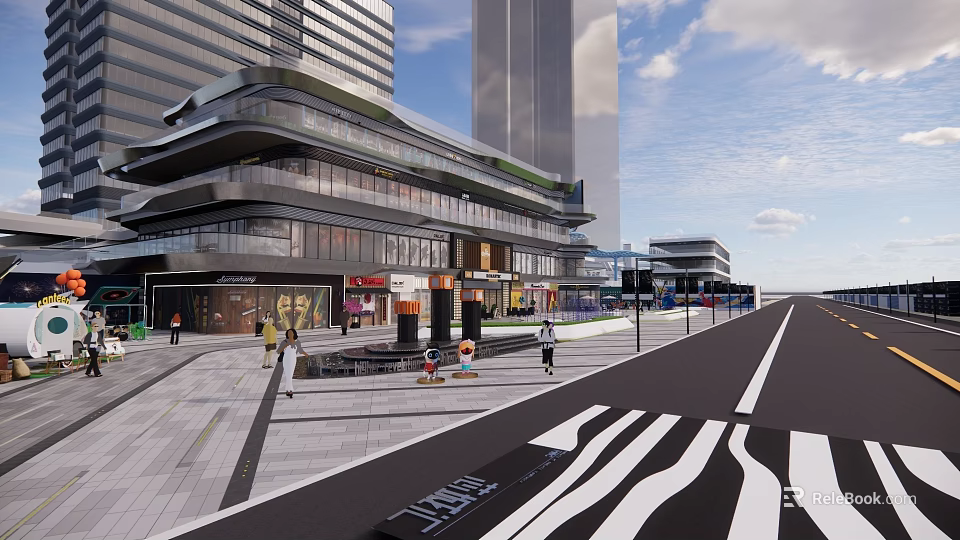 Modern Commercial Landscape Featuring Glass Buildings Pedestrian Walkways And Urban Facilities 3d model 