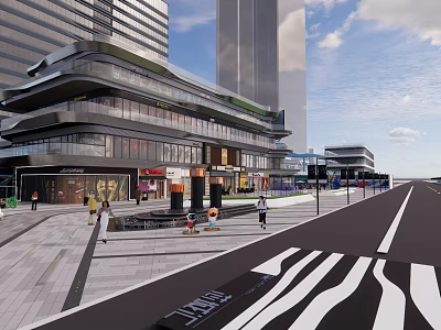 Modern Commercial Landscape Featuring Glass Buildings Pedestrian Walkways And Urban Facilities 3d model