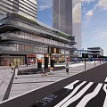 Modern Commercial Landscape Featuring Glass Buildings Pedestrian Walkways And Urban Facilities
