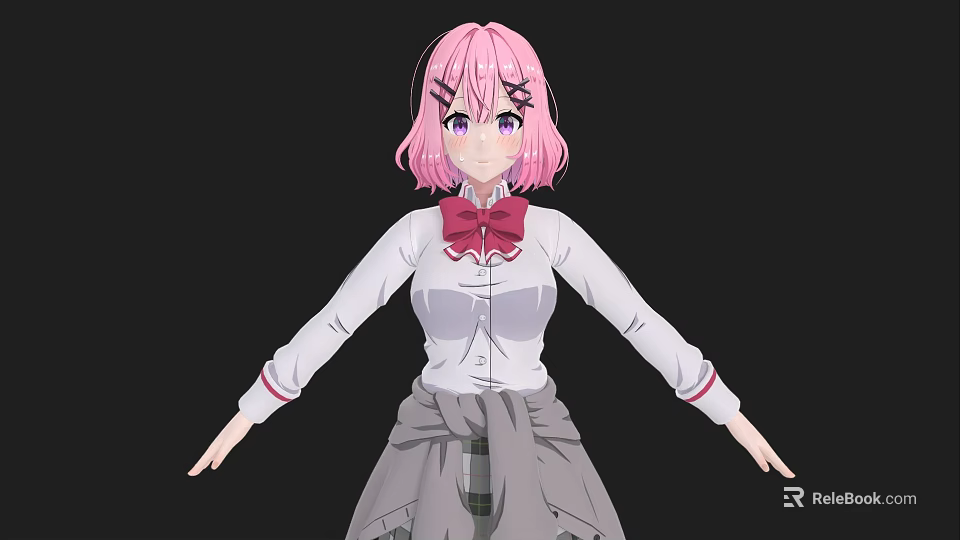 Anime woman with pink hair purple eyes white shirt red bow gray skirt black background 3d model 