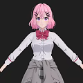 Anime woman with pink hair purple eyes white shirt red bow gray skirt black background