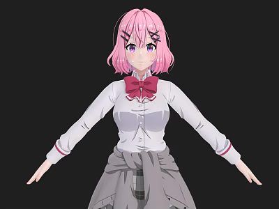 Anime woman with pink hair purple eyes white shirt red bow gray skirt black background 3d model