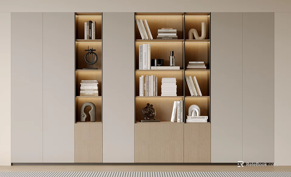 Modern Bookcase Interior Design With Layered Shelves Built-in Lighting And Decorative Items 3d model