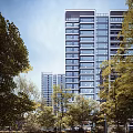 Modern High Rise Residential Building With Glass Curtain Walls Surrounded By Green Trees