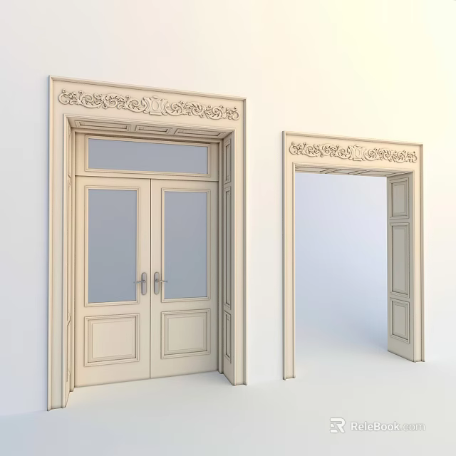 Classical Wooden Double Doors Open Closed Views With Carved Details Glass Panels And Decorative Frames 3d model 