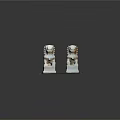 Pair of White Stone Lions Placed On Brown Mat With Detailed Carvings
