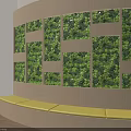 Indoor Curved Living Plant Wall With Yellow Bench And Modular Green Panels