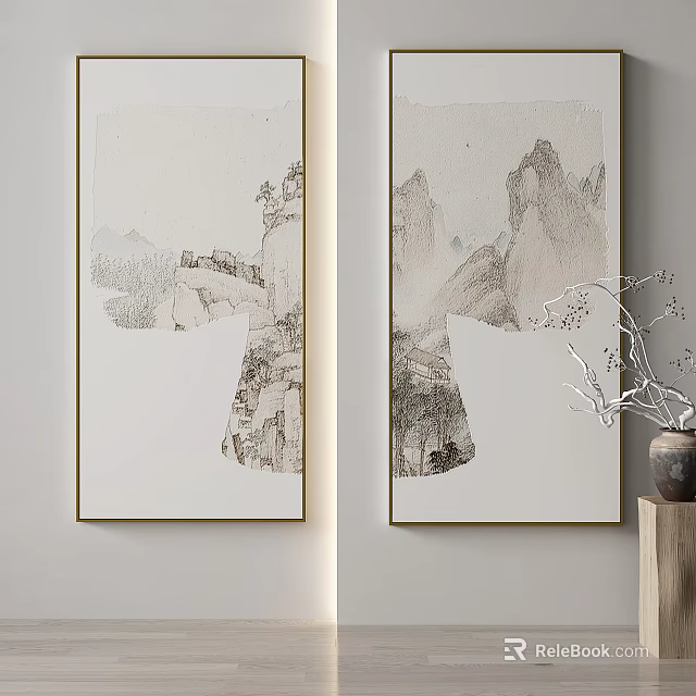 Ink Style Landscape Paintings Featuring Mountains Trees Buildings and Decorative Vase with Branches 3d model 