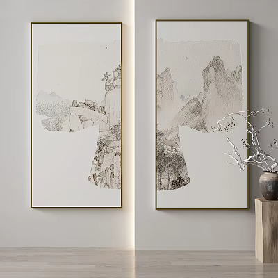 Ink Style Landscape Paintings Featuring Mountains Trees Buildings and Decorative Vase with Branches 3d model
