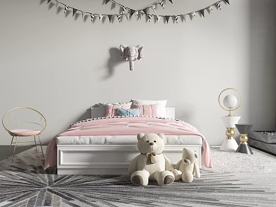 Kids Bed With Pink Bedding White Frame Elephant Wall Decor And Teddy Bear Toys 3d model