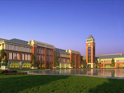 Traditional School Building Featuring Red Brick Exterior Clock Tower Green Lawn And Reflecting Pond 3d model