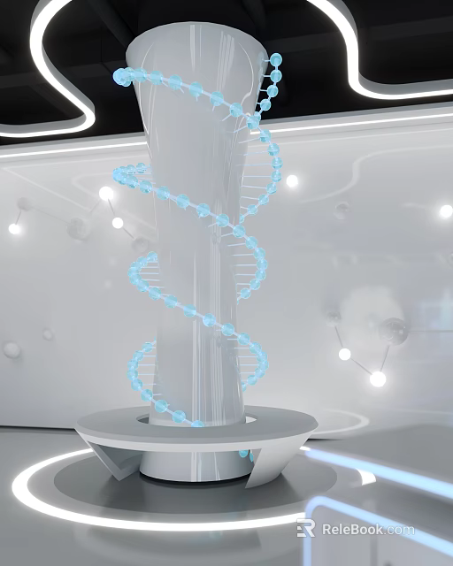 Science and Technology Exhibition Hall Featuring White Pillar with Blue DNA Helix and Illuminated Dots 3d model 