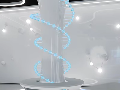 Science and Technology Exhibition Hall Featuring White Pillar with Blue DNA Helix and Illuminated Dots 3d model