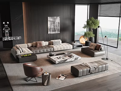 Elegant Modern Living Room Interior With Gray Sofa And Marble Coffee Table Set 3d model