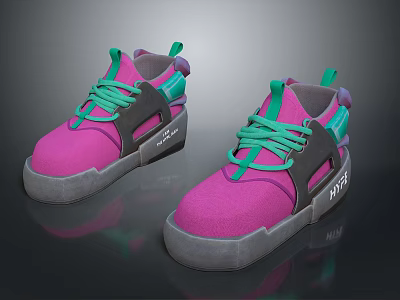 Modern Chunky Sneakers With Pink Upper Green Laces And Gray Soles 3d model