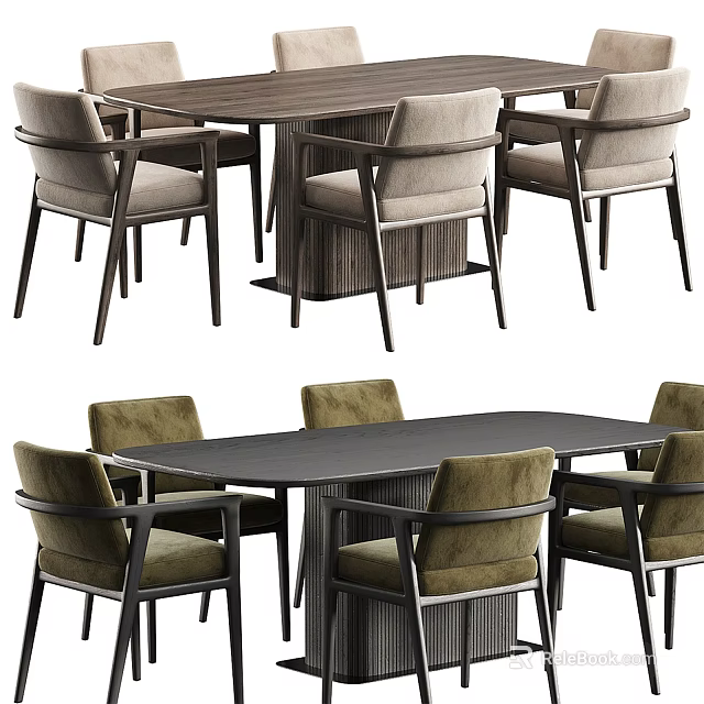 Modern Dining Table Set with Wooden Black Tops and Light Gray Green Armrest Chairs 3d model 