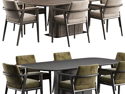 Modern Dining Table Set with Wooden Black Tops and Light Gray Green Armrest Chairs 3d model